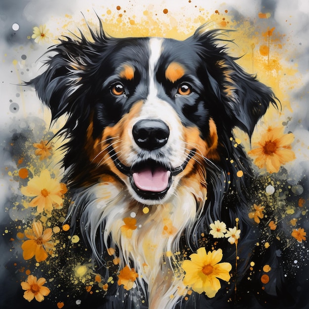 painting of a dog with flowers and a yellow background generative ai