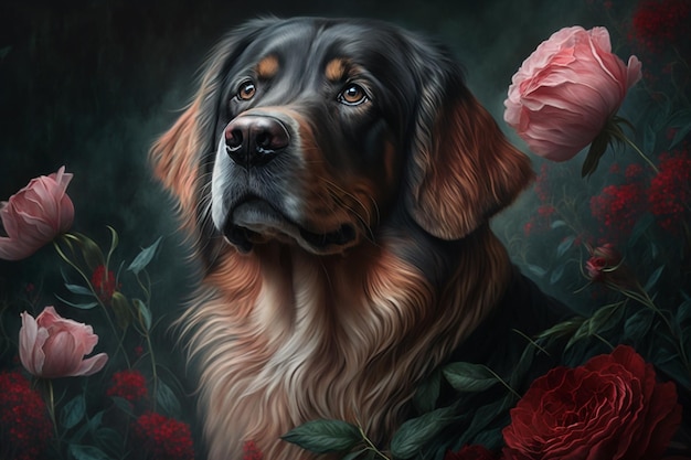 A painting of a dog with flowers