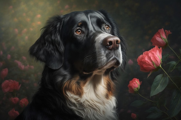 A painting of a dog with flowers