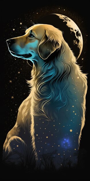 Painting of a dog with a full moon in the background generative ai