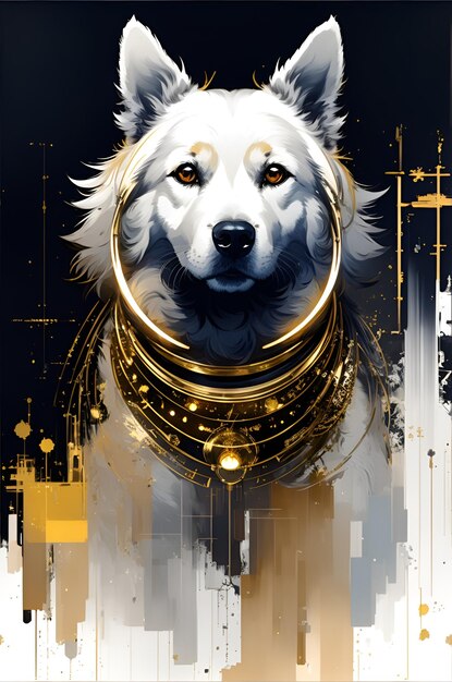 A painting of a dog with gold and silver on it