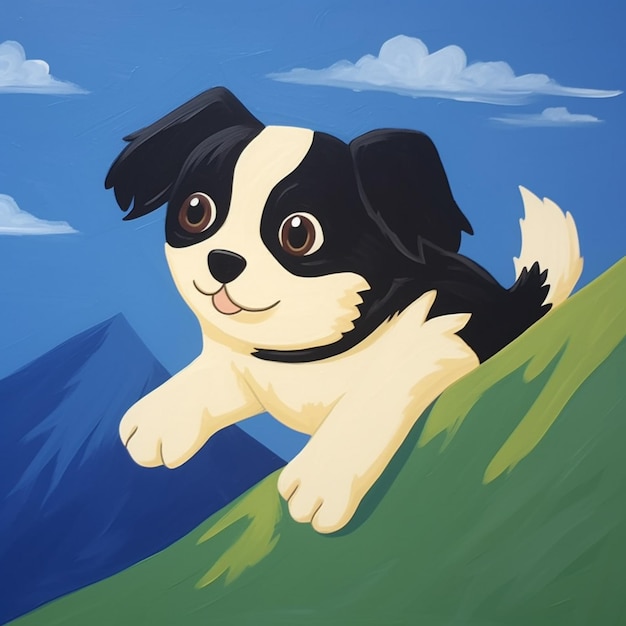 painting of a dog with a hat on a hill with a sky background generative ai