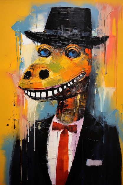 a painting of a dog with a hat and a tie