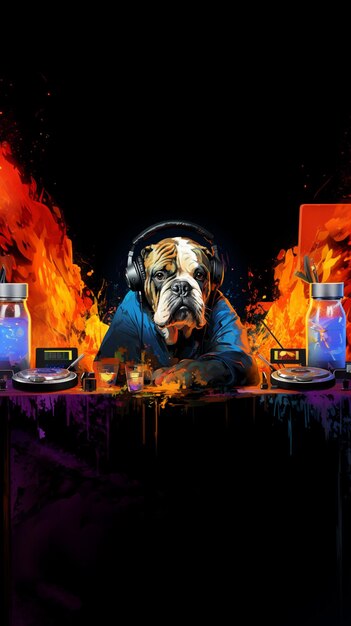 Photo painting of a dog with headphones on sitting at a table with fire generative ai