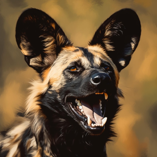 A painting of a dog with its mouth open and a yellow background.