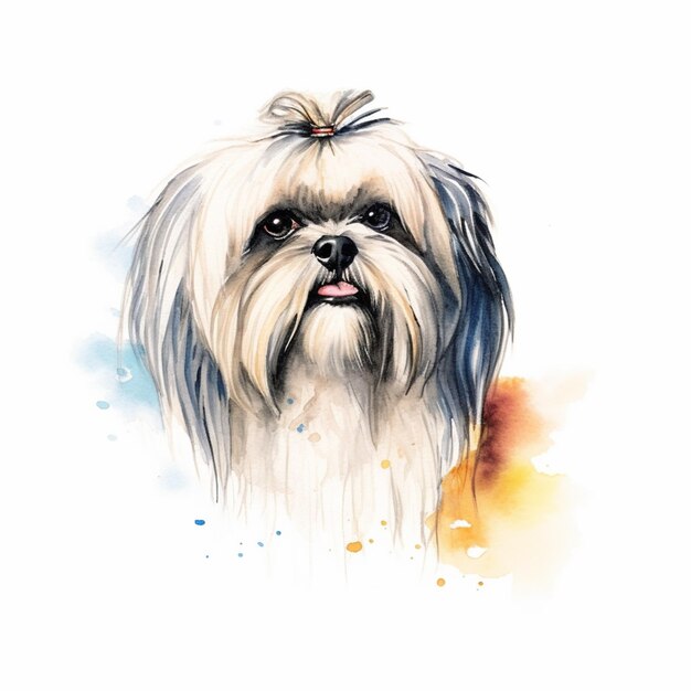 Photo painting of a dog with a long hair and a bow on its head generative ai