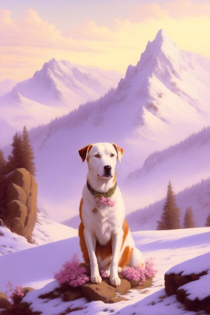 A painting of a dog with a pink bow sits in the snow