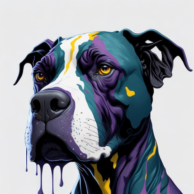 A painting of a dog with a purple, yellow, and blue face and black spots.