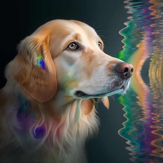 A painting of a dog with a rainbow colored background.