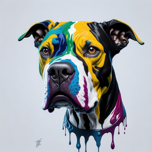 A painting of a dog with a rainbow colored face.