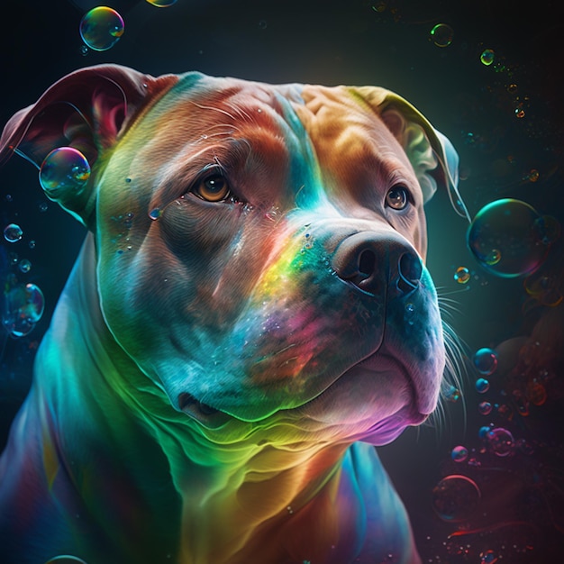 A painting of a dog with a rainbow colored face.