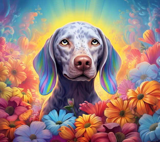 Painting of a dog with a rainbow colored nose surrounded by flowers generative ai