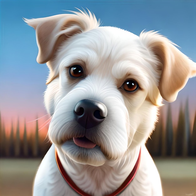 A painting of a dog with a red collar and a red collar.