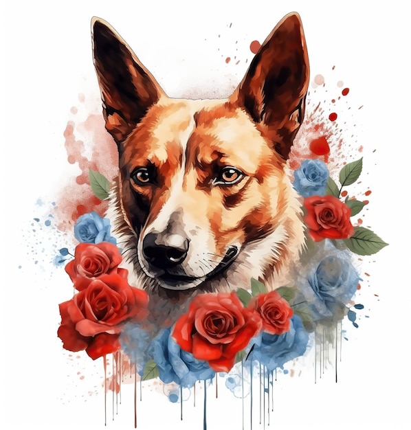 A painting of a dog with red roses and the words " pet " on the front.