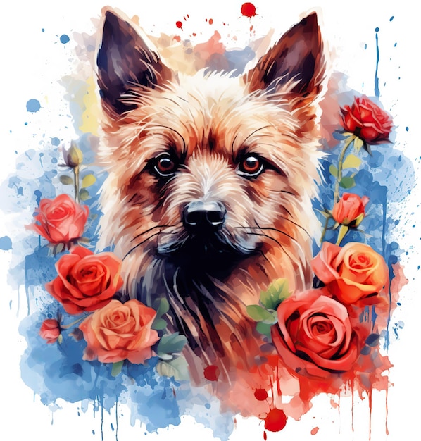 バラの花をつけた犬の絵