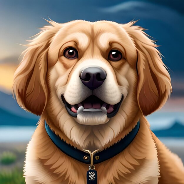 A painting of a dog with a tag that says golden retriever.