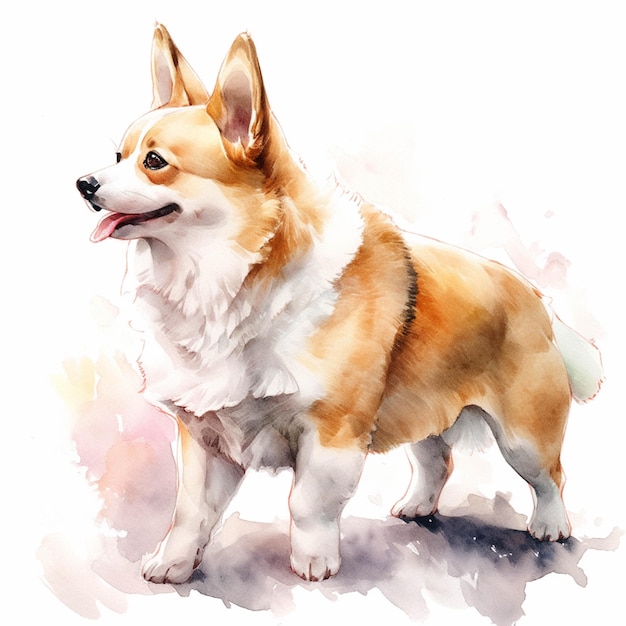 Painting of a dog with a white and brown coat standing generative ai