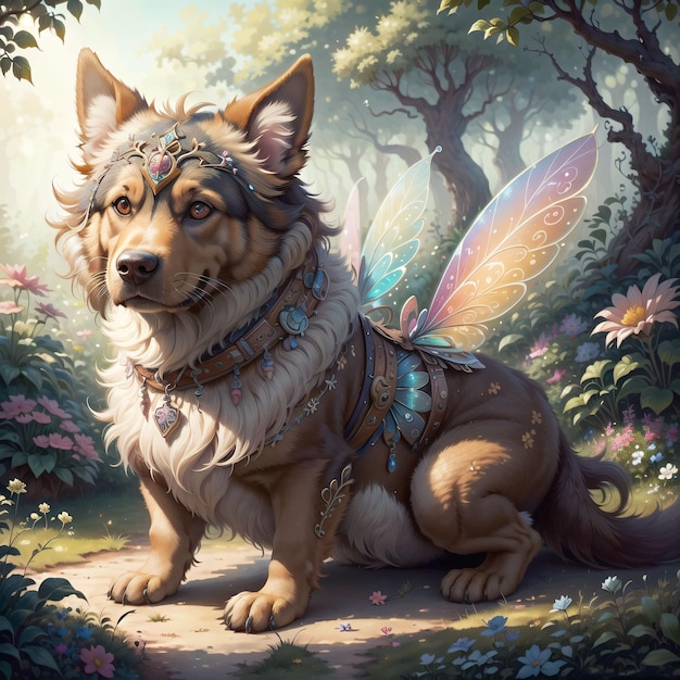 A painting of a dog with wings and wings