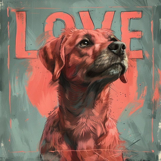 A painting of a dog with the word love on it