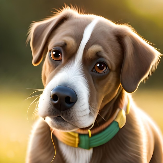 A painting of a dog with a yellow collar and a green collar.