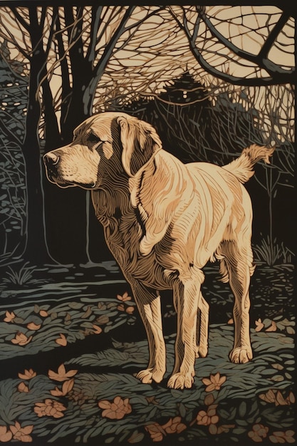 A painting of a dog in the woods