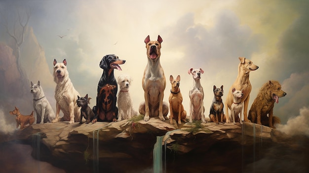 a painting of dogs and a water source