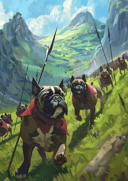 a painting of dogs with a mountain in the background