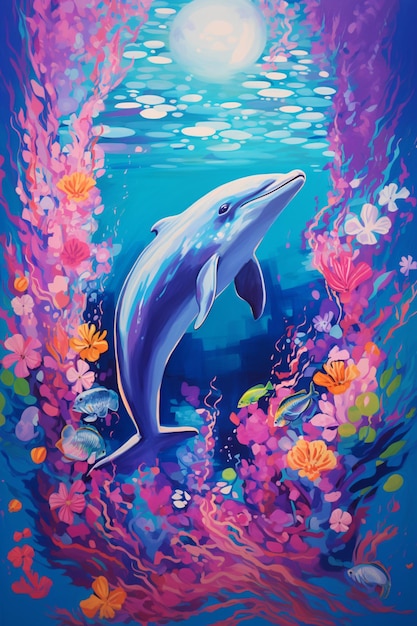 Painting of a dolphin in a colorful sea with corals and other marine life generative ai