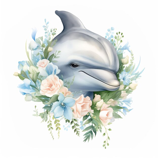 A painting of a dolphin and flowers with a picture of a dolphin