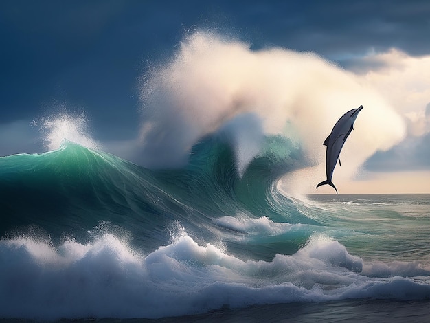 a painting of a dolphin jumping over a wave with the ocean in the background