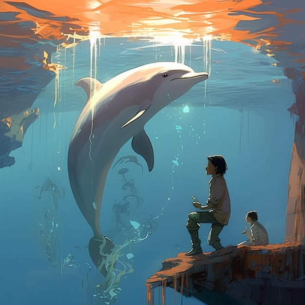 Картина с изображением дельфина и человека, сидящего на уступе
