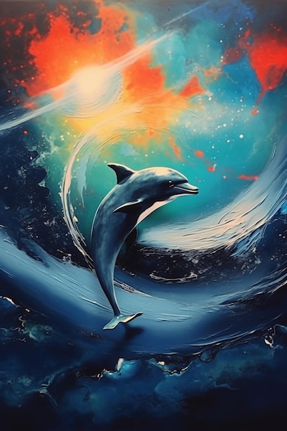 A painting of a dolphin in the ocean