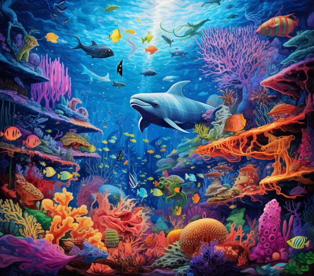 painting of a dolphin swimming in a colorful ocean with corals and other fish generative ai