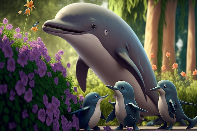 Картина дельфина с голубым пингвином на лицевой стороне.