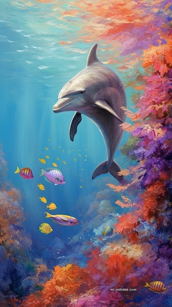 A painting of a dolphin with a fish on it.