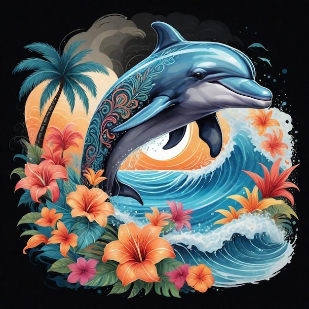 a painting of a dolphin with flowers and a palm tree