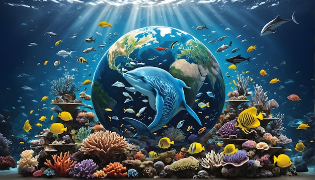 Photo a painting of a dolphin and the world under it