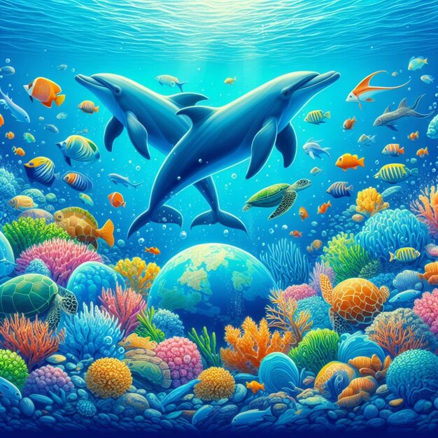a painting of dolphins and corals with corals and corals