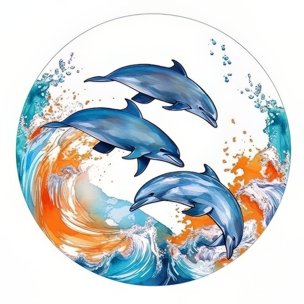 A painting of dolphins jumping out of a wave