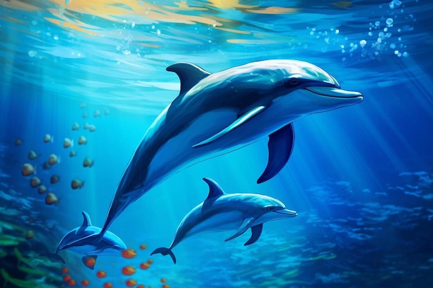 картина дельфинов и оранжевых рыб с оранжевыми рыбами в воде