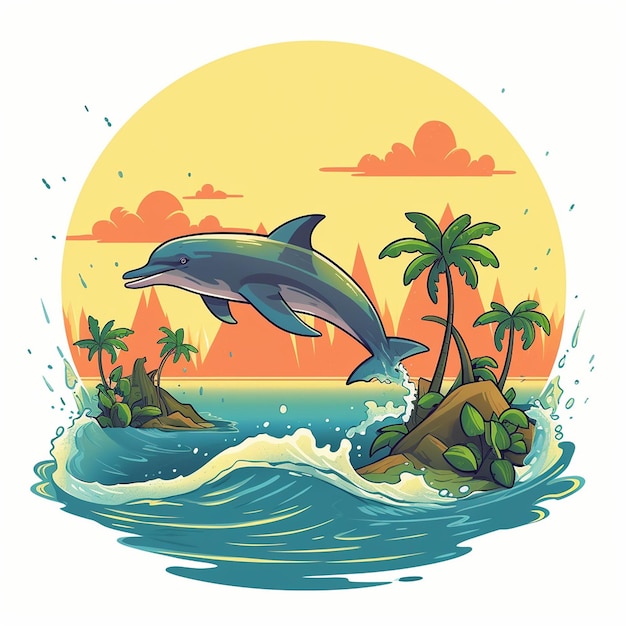 a painting of dolphins and palm trees in the water.