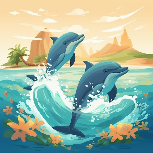 a painting of dolphins in the water with a beach in the background.