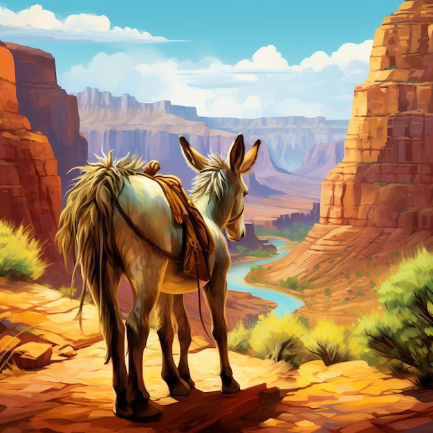 Painting of a donkey standing on a cliff overlooking a river generative ai