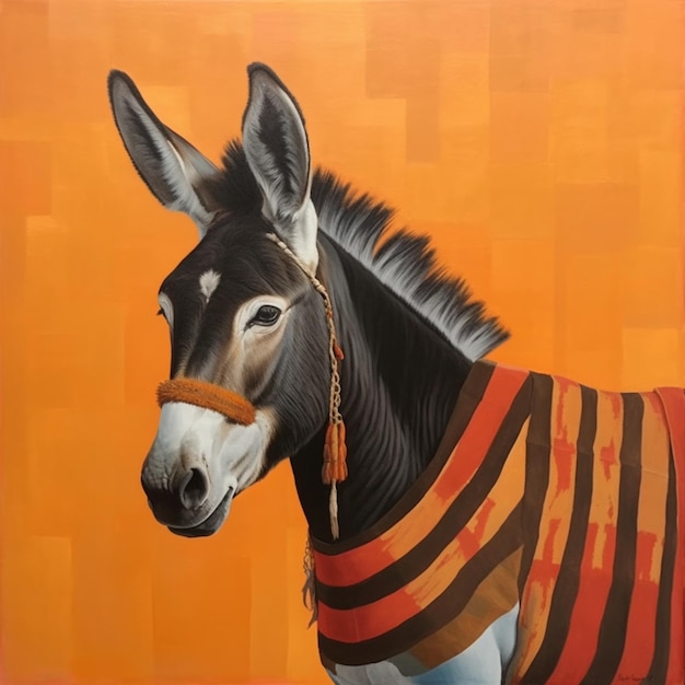 A painting of a donkey wearing a red and orange striped vest.