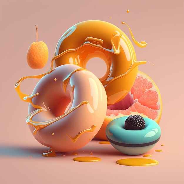 A painting of a donut with orange juice and a grapefruit slice.