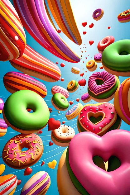 A painting of donuts and hearts with the words donuts on it