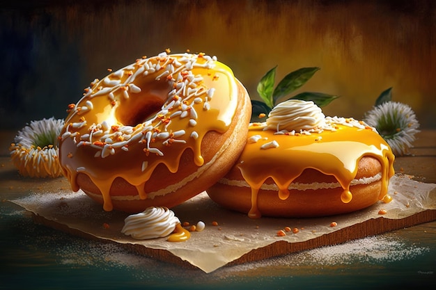 아이싱과 스프링클이 있는 도넛 그림.