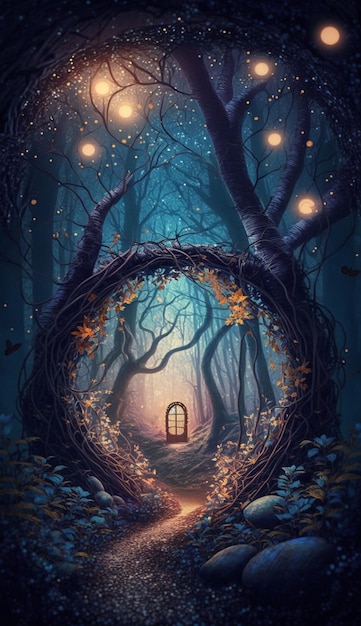 A painting of a door in a forest with lights on it