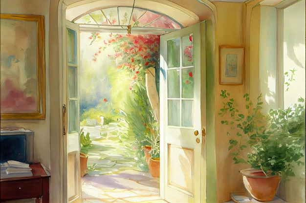 A painting of a door that is open to a garden.