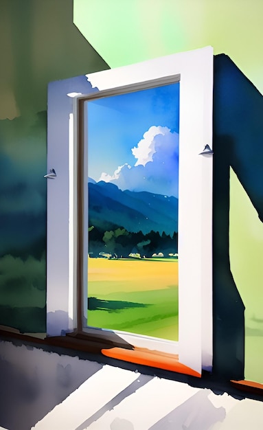 A painting of a door that is open to a green field.